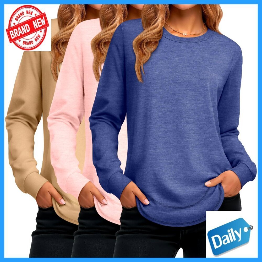3 Pack Women's Long Sleeve Cotton Crewneck Tunic Tops Loose Fit Sweatshirts